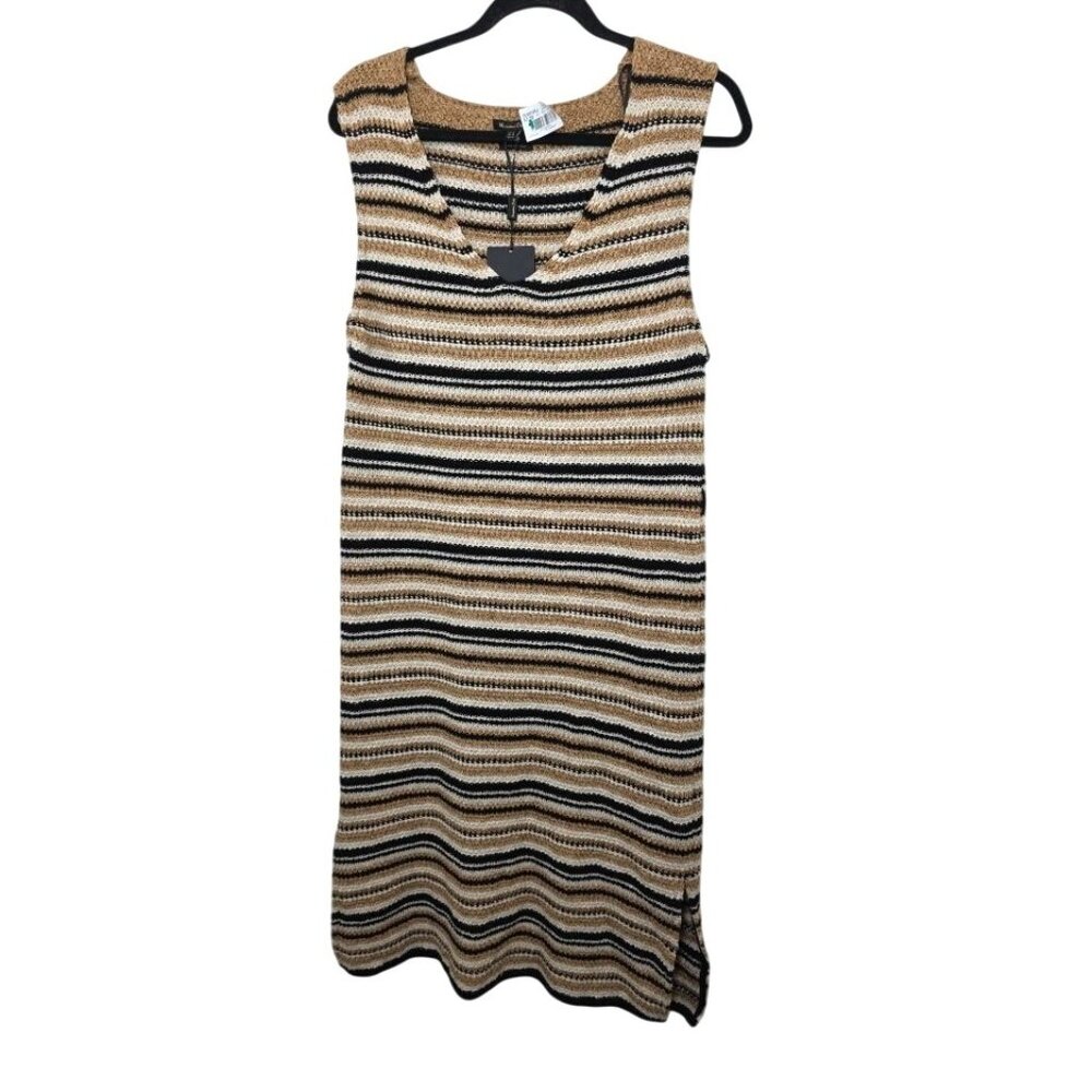 NWT Massimo Dutti Women's M Striped Knit Crochet Sleeveless‎ Dress Beige Black